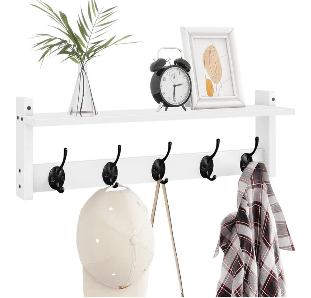 Wall Mount Coat Rack with Shelf 5 Hooks for Coats Backpacks Keys, White